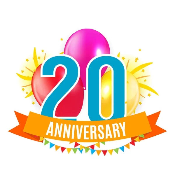 Modelo 20 Anos Aniversário Parabéns, Cartão de saudação com balões Convite Vector Ilustração —  Vetores de Stock