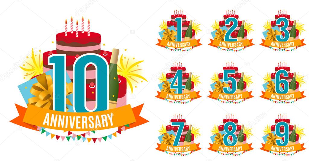 Template from 1 to 10 Years Anniversary Congratulations, Greeting Card with Cake, Gift Box, Fireworks and Ribbon Invitation Vector Illustration