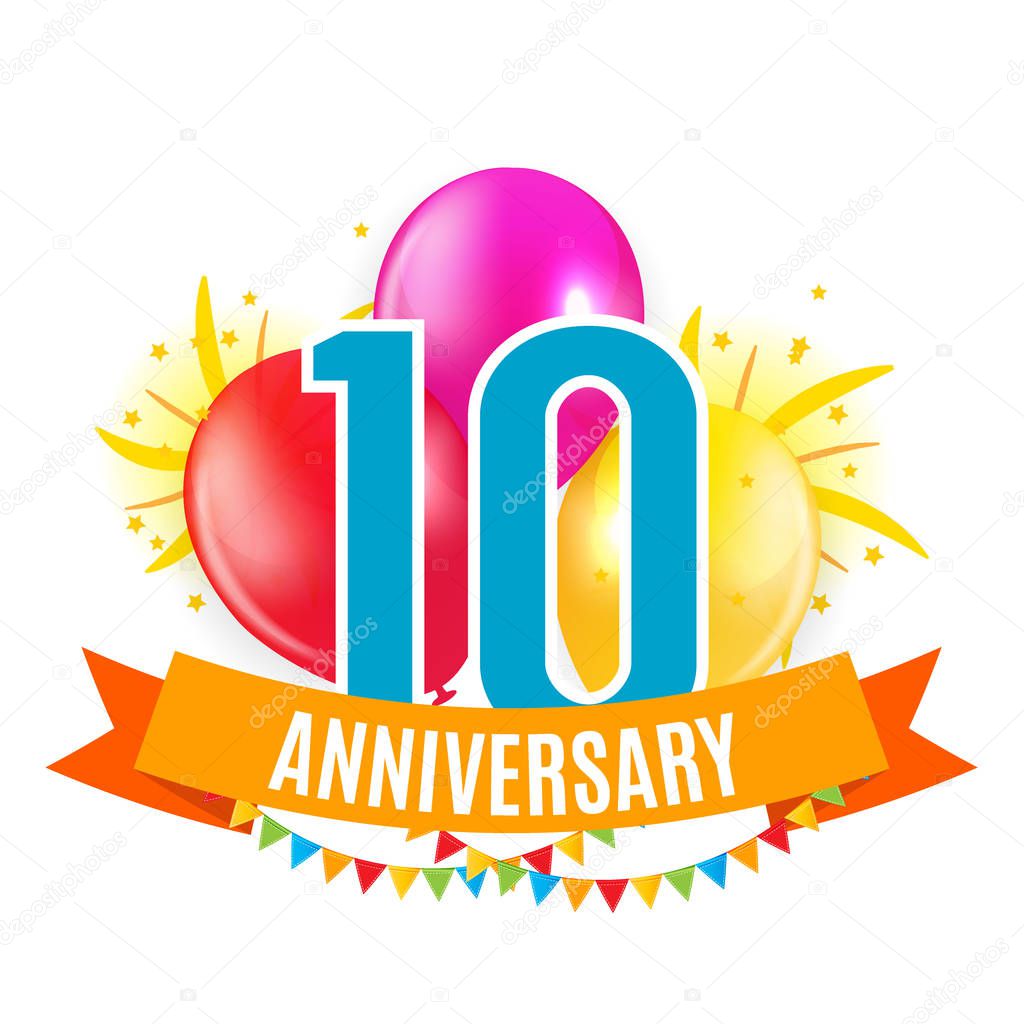 Template 10 Years Anniversary Congratulations, Greeting Card with Balloons Invitation Vector Illustration