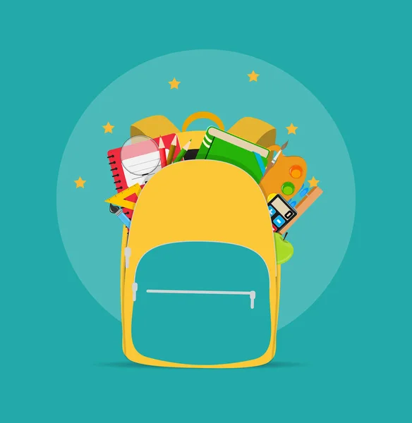 Bolsa, icono de la mochila con accesorios de la escuela. Ilustración vectorial — Vector de stock