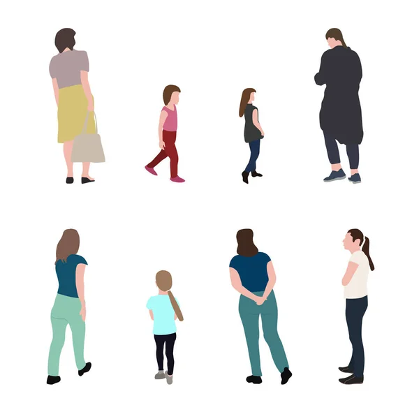 Reihe von Silhouetten wandelnden Menschen und Kindern. Vektorillustration. — Stockvektor