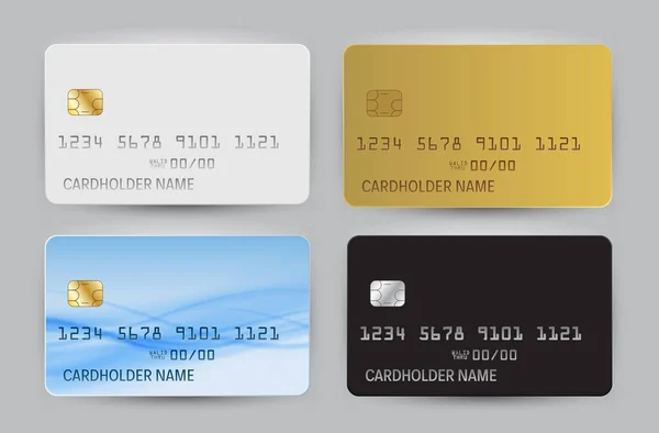 Negro, Blanco, Oro y Azul Wave Bank Card modelo en blanco vista superior de la plantilla con sombra aislada sobre fondo transparente conjunto de colección. Ilustración vectorial — Archivo Imágenes Vectoriales