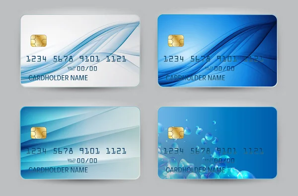 Silver Blue Wave Bank Card modelo en blanco vista superior con sombra aislada sobre fondo transparente conjunto de colección. Ilustración vectorial — Archivo Imágenes Vectoriales