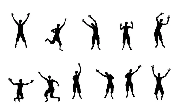 Black and white silhouettes of jumping happy and joyful people. Vector Illustration — Stock Vector