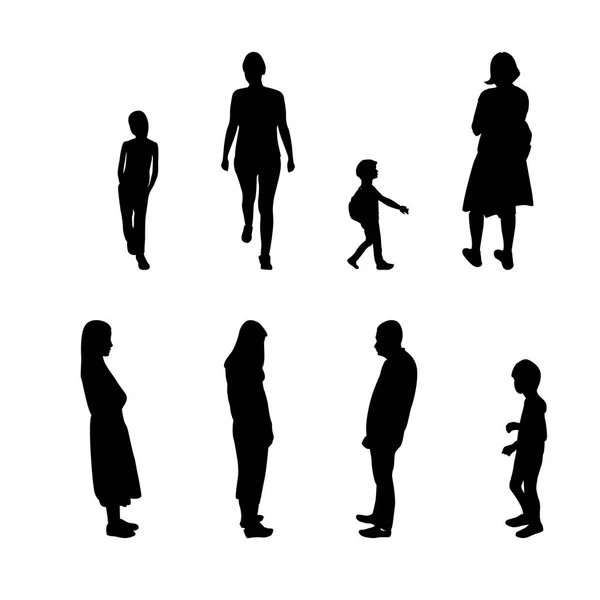 Siyah ve beyaz siluet insanları ve çocukları yürüyüş kümesi. Vektör çizim — Stok Vektör