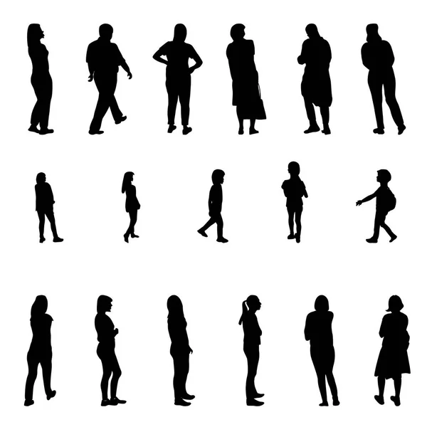 Conjunto de silueta blanca y negra caminando personas y niños. Ilustración vectorial — Vector de stock