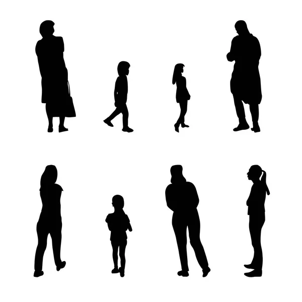 Conjunto de preto e branco silhueta caminhando pessoas e crianças. Ilustração vetorial —  Vetores de Stock