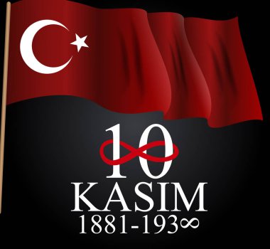 Türkiye'de Mustafa Kemal Atatürk Cumhuriyeti ölüm yıldönümü olan 10 Kasım kurucusu. İngilizce: Kasım 10, 1881-1938. Vektör çizim