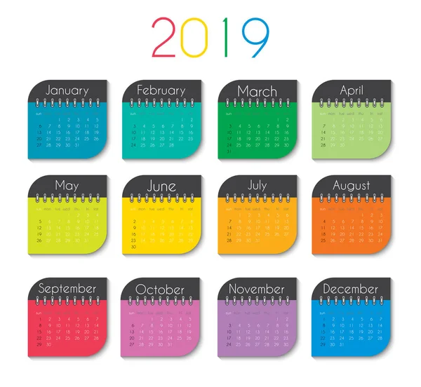 Kolorowe rok 2019 szablon kalendarza. Ilustracja wektorowa — Wektor stockowy