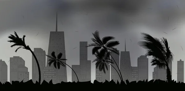 Palme durante tempesta e uragano. Le foglie volano attraverso il cielo della città dalla tempesta. Illustrazione vettoriale — Vettoriale Stock