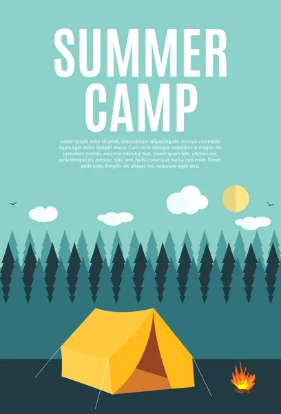 샘플 텍스트와 현대 플랫 스타일의 여름 캠핑 자연 배경 — 스톡 벡터