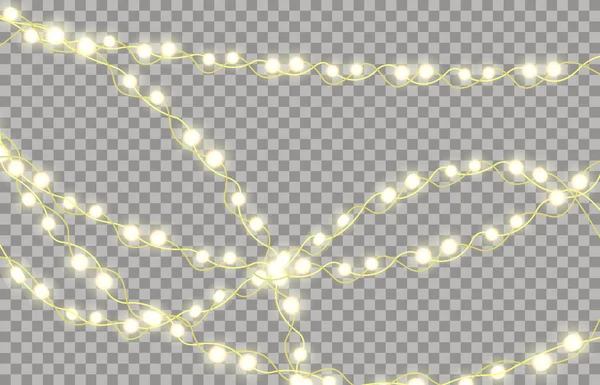 Garland brilhante colorido para Ano Novo e Árvores de Natal. Luzes de férias LED outdoors, outdoors em fundo transparente. Ilustração vetorial —  Vetores de Stock