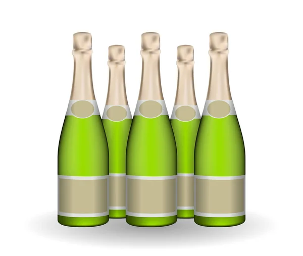 Set Naturalistischer Champagner Grüne Flasche Mit Etiketten Vektorillustration Eps10 — Stockvektor