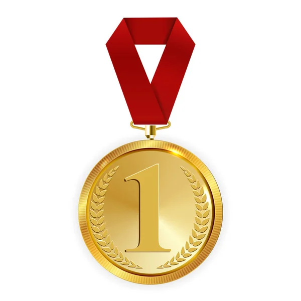 Champion Art Golden Medal Met Red Ribbon Icon Sign Eerste — Stockvector