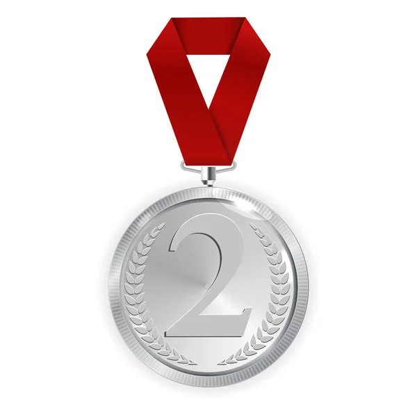 Champion Art Silver Medal Met Red Ribbon Icon Sign Tweede — Stockvector