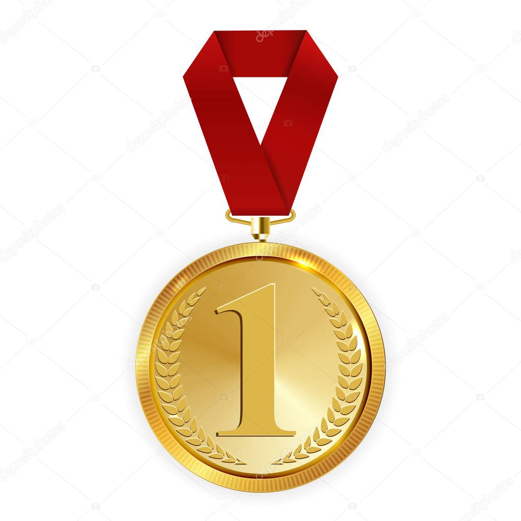 Champion Art Golden Medal with Red Ribbon l Icon Sign First Place Isolated on Transparent Background. Vector Illustration EPS10