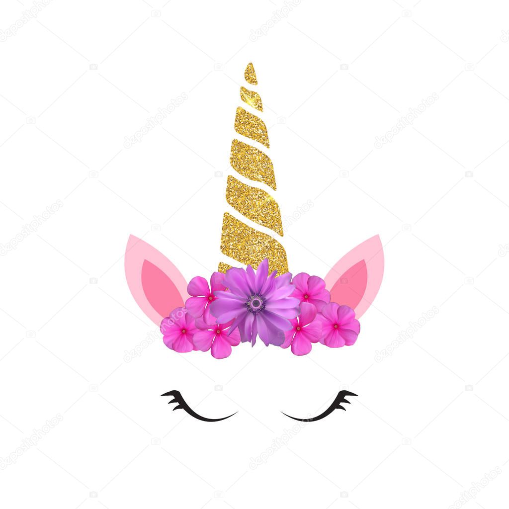 Cute unicorn head and eyes with flower. Vector Illustration EPS10 