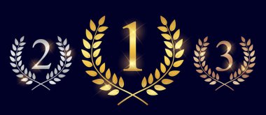 Altın, gümüş ve bronz ödül Laurel Wreat. Kazanan yaprak etiket, zafer sembolü. Vektör çizim Eps10