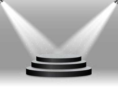 Parlak spot ışıklarıyla aydınlatılan ödüller ve performanslar için renkli bir podyum. Vektör çizimi. EPS10