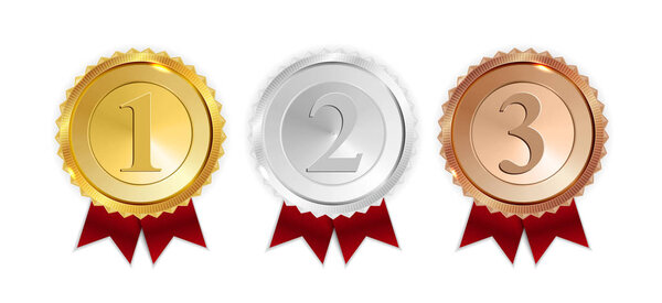 Champion Gold, Silver and Bronze Medal with Red Ribbon Icon Sign First, Secondand Third Place Collection Set Isolated on White Background. Vector Illustration EPS10