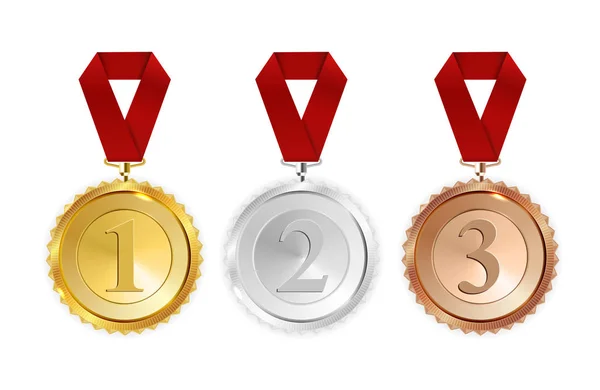 Gouden Zilveren Bronzen Medaille Met Rood Lint Pictogram Teken Eerst — Stockvector