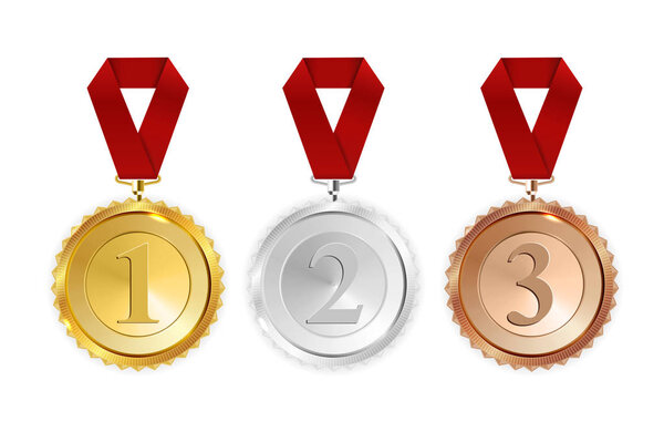 Champion Gold, Silver and Bronze Medal with Red Ribbon Icon Sign First, Secondand Third Place Collection Set Isolated on White Background. Vector Illustration EPS10