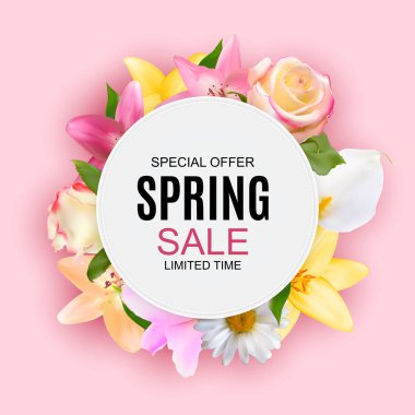 Bahar satış sevimli arka plan ile renkli çiçek öğeleri. Vektör çizim