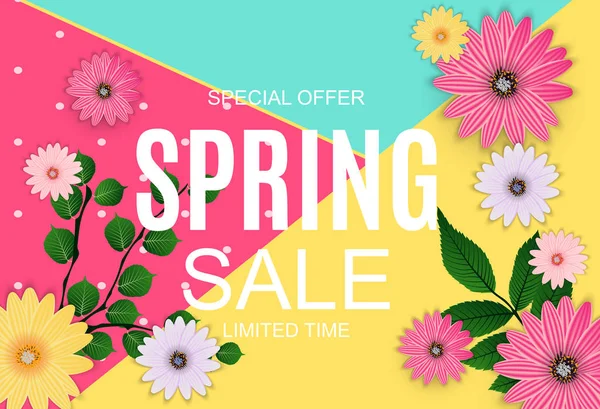 Spring Sale Cute Background with Colorful Flower Elements. Vector Illustration — Stock Vector