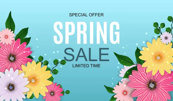Spring Sale Cute Background with Colorful Flower Elements. Vector Illustration — Stock Vector
