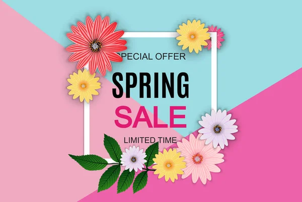 Spring Sale Cute Background with Colorful Flower Elements. Vecto — Stock Vector