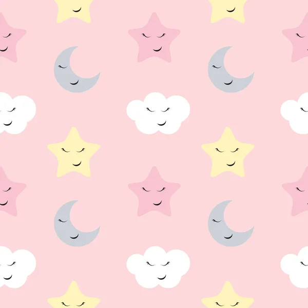 Cute Star, Cloud and Moon Seamless Pattern Background Vector Ill — Stock Vector