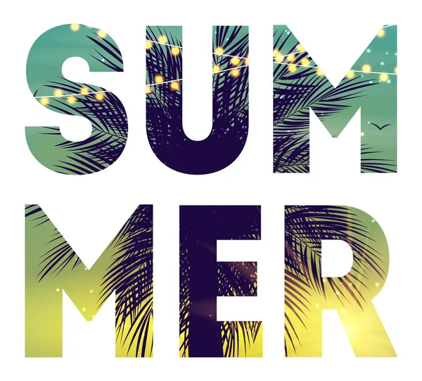 Cartel de Summer Night Beach. Fondo Natural Tropical con Palma — Vector de stock