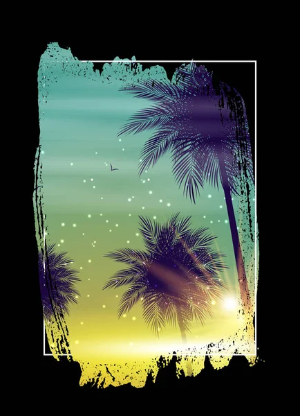 サマーナイトビーチポスター。ヤシの木と熱帯の自然の背景 — ストックベクタ