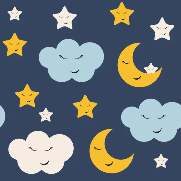 Cute Star, Cloud and Moon Seamless Pattern Background Vector Ill — Stock Vector