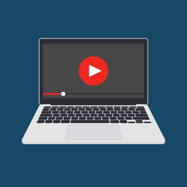 Online video oynatıcı dizüstü vektör çizim, Internet web kavramı, akış ile düz bilgisayar ekran üzerinde e-öğrenme