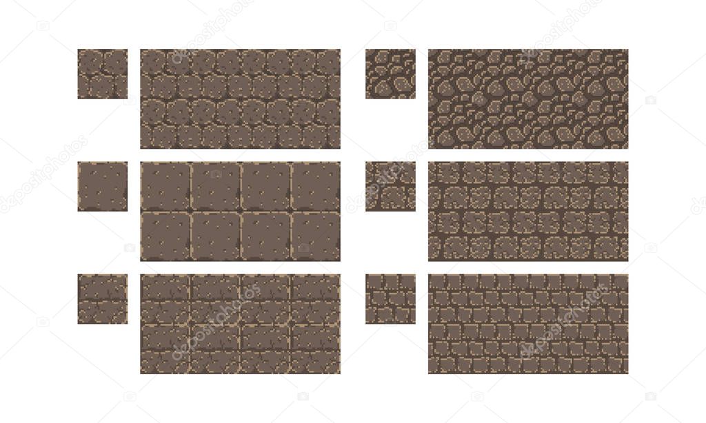 Vector pixel art seamless ancient stone texture. brick wall pattern. Retro 8-bit game element.