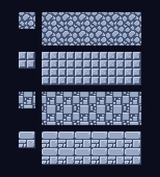 Vektorillustration - uppsättning 8 bitars 16 x 16 sten och metall textur. Pixel konst stil spelet bakgrunden sömlösa mönster — Stock vektor