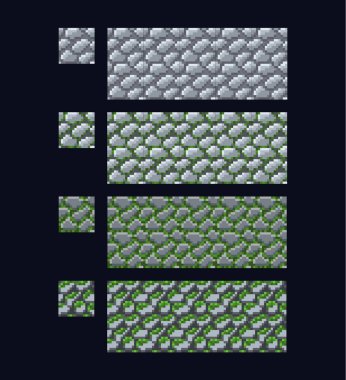 Vector illustration - set of 8 bit 16x16 stone brick texture. Pixel art style game background seamless pattern grey and green isolated clipart