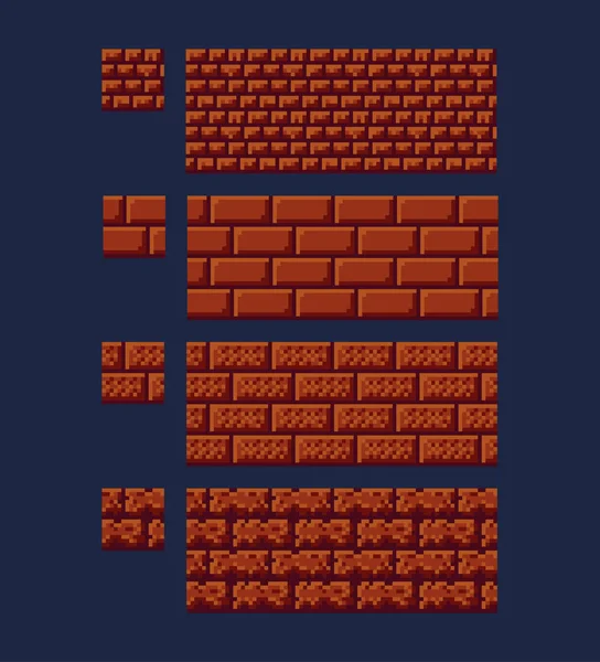 Ilustración vectorial conjunto de 8 bits 16x16 textura de ladrillo rojo. Pixel arte estilo juego fondo sin costuras patrón marrón aislado — Vector de stock