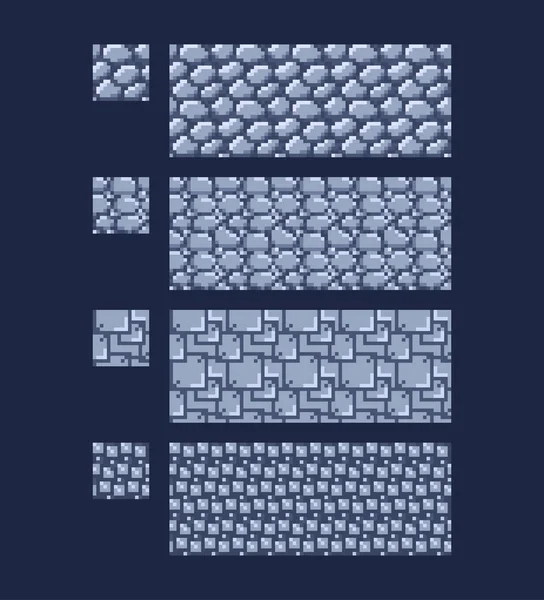 Ilustración vectorial - conjunto de 8 bits 16x16 textura de ladrillo de pared de piedra. Pixel arte estilo juego fondo sin costuras patrón gris aislado — Vector de stock