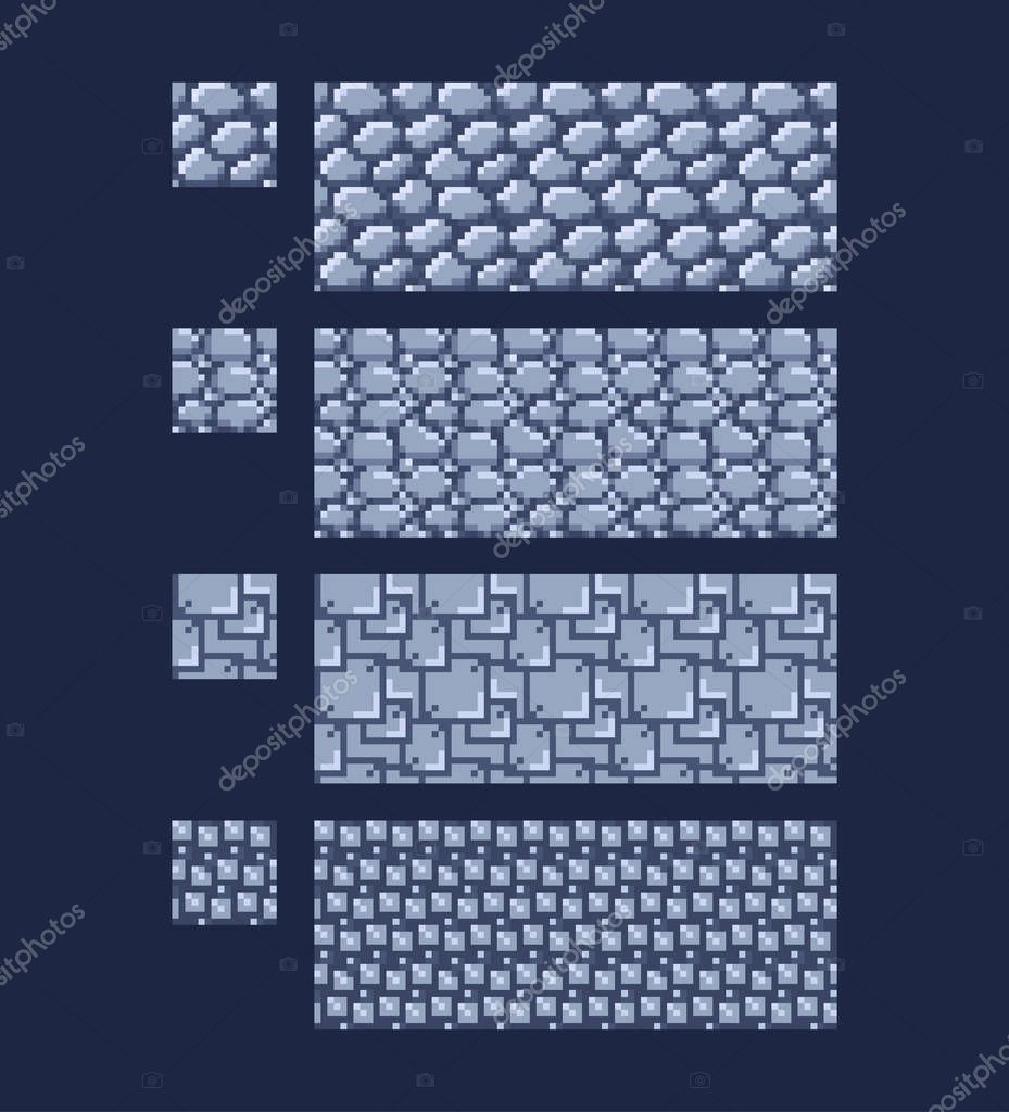 Vector illustration - set of 8 bit 16x16 stone wall brick texture. Pixel art style game seamless pattern grey isolated on dark blue background