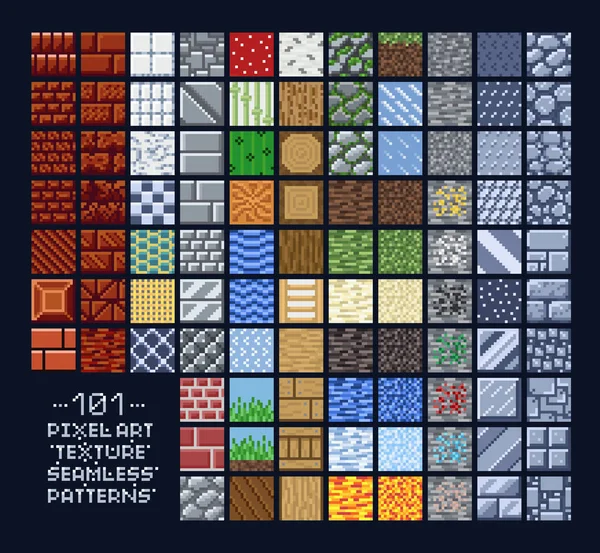 Pixel art style set of different 16x16 texture pattern sprites - piedra, madera, ladrillo, suciedad, metal - 8 bit game design background tiles — Archivo Imágenes Vectoriales