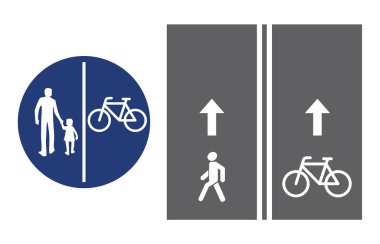 Yol işaret, yaya ve bisikletçi, illüstrasyon simge vektör. Dairesel mavi trafik işareti. Platform beyaz görüntü. insanlar, erkek ve kız bebek ve bisiklet beyaz siluet