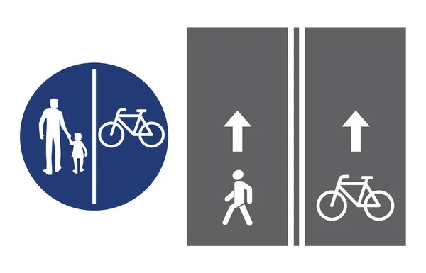 Road sign, pedestrian and bicyclist, vector illustration icon. Circular blue traffic sign. White image on the roadbed. white silhouette of people, man and baby girl, and bicycle — Stock Vector