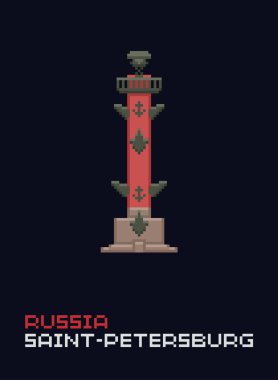 Pixel Art Vector Illustration, düz stil. Şık renkli Simgesel yapılar. Rostral sütun basit 8-bit simgesi, Rusya, Sankt Petersburg sembolü