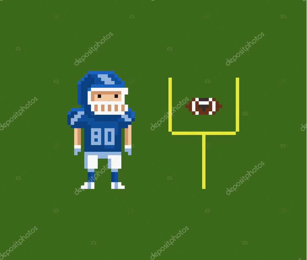 Vector pixel art illustration - American football gridiron player, oval-shaped football and goalposts on green background
