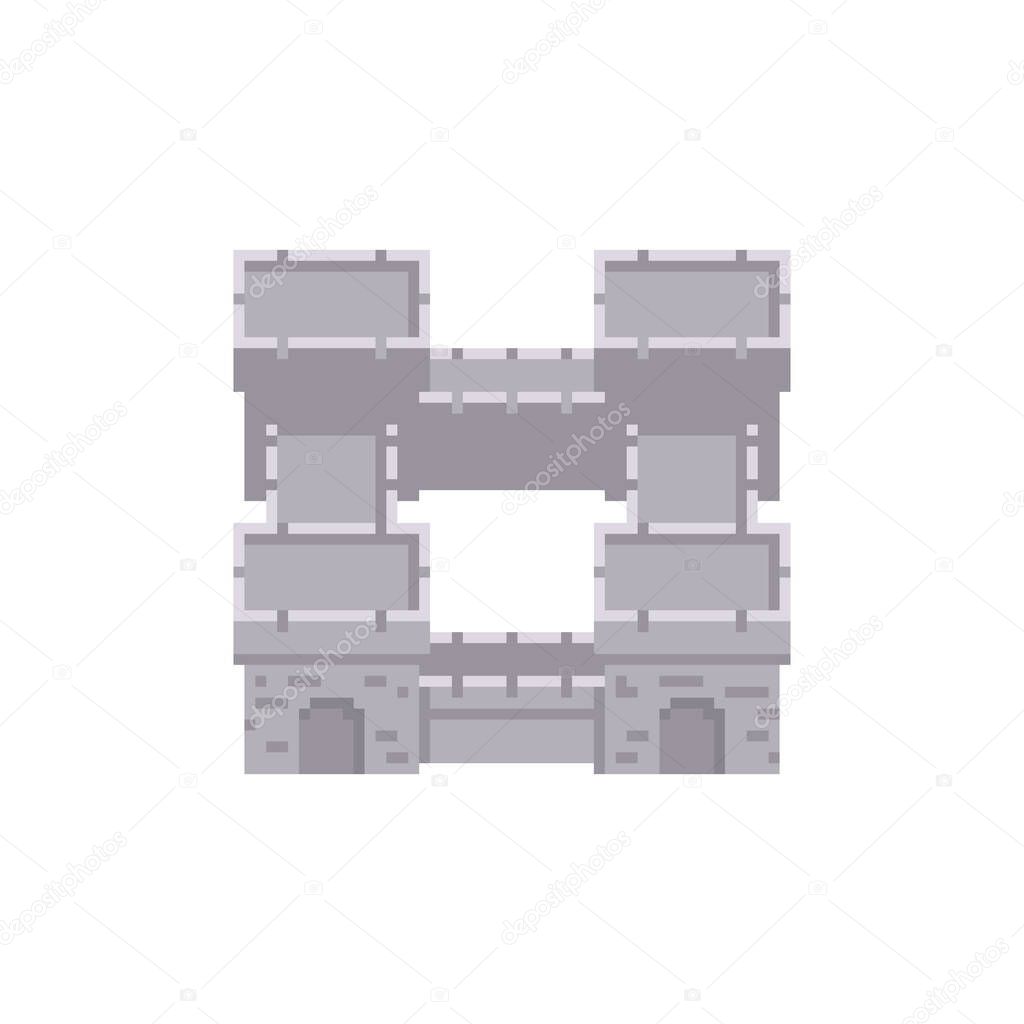 Pixel art grey stone towers and walls citadel - vector retro 8 bit game design fortress texture illustration isolated on white background