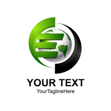 İlk Harf E logo şablonu gümüş yeşil küre tasarımı iş ve şirket kimliği için renkli