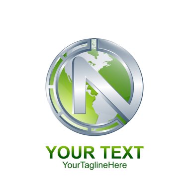 İlk harf N logo şablonu gümüş yeşil küre daire tasarım iş ve şirket kimliği için renkli
