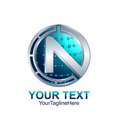 İlk harf N logo şablonu gümüş mavi daire küre tasarımı iş ve şirket kimliği için renkli